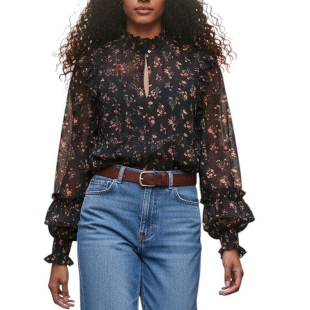 Forever 21 Women's Sheer Black Floral Statement Sleeve Top Sz M New